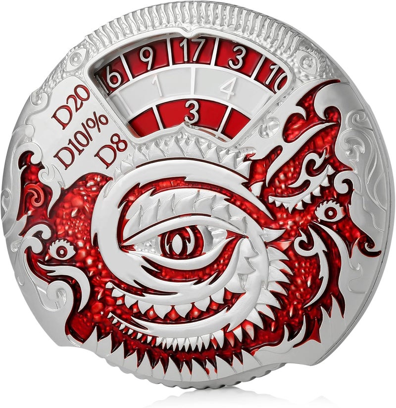 DNDND مجموعة نرد معدنية دوارة 7 في 1 لنرد D&D مع صندوق هدايا فاخر لألعاب الزنزانات والتنين والألعاب اللوحية (فضي مع أحمر) - Image 2